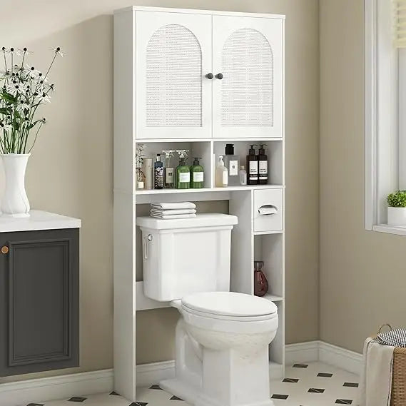 MKDK Freestanding Rattan Toilet Storage Cabinet With Toilet Paper Holder