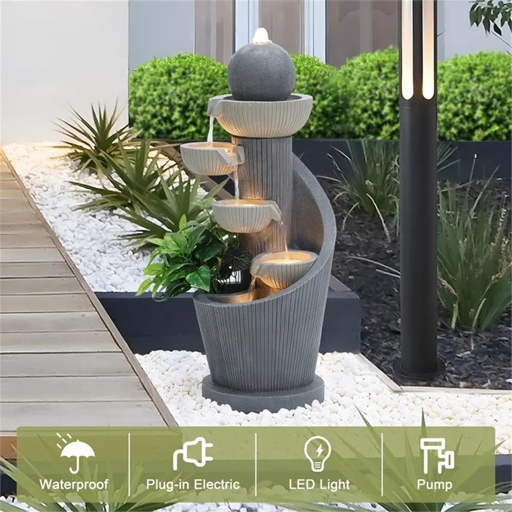 Outdoor Water Fountain Resin Cascading With LED Lights Modern Garden