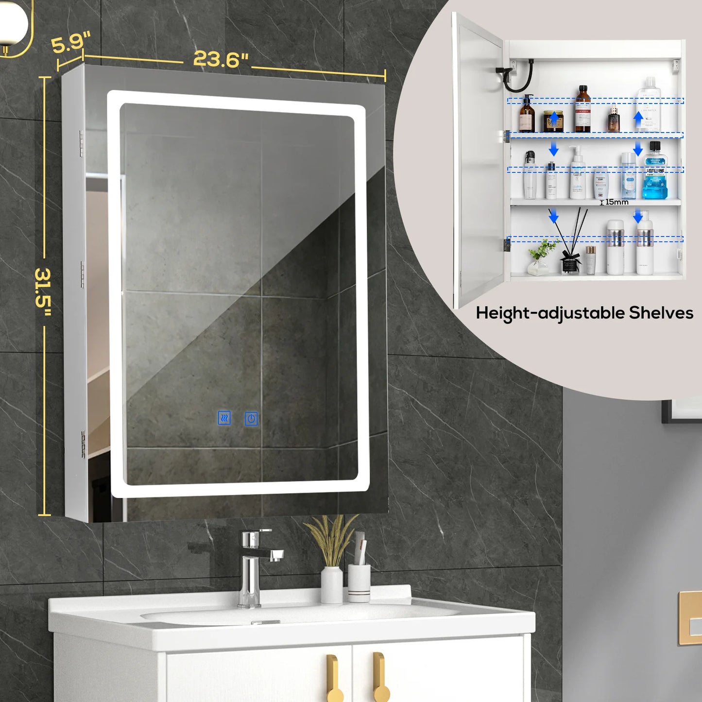 VOWNER Bathroom Medicine Cabinet With LED Lights Defogger And Dimmer