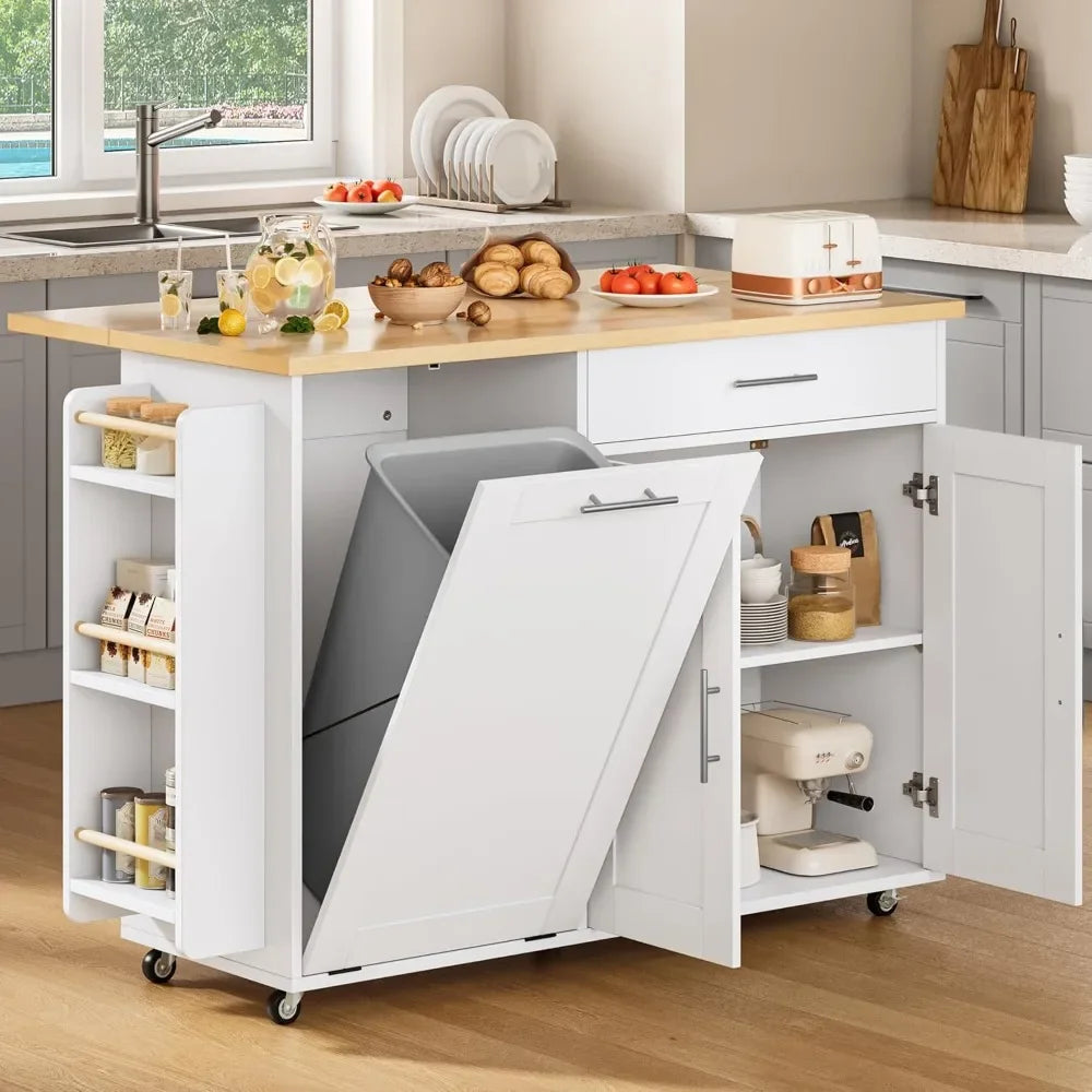 Mobile Kitchen Island On Wheels With Trash Can Spice Rack