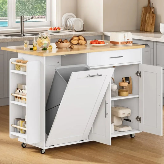Mobile Kitchen Island On Wheels With Trash Can Spice Rack