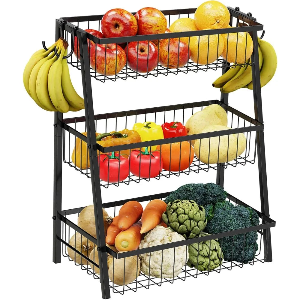 Three Tier Fruit Basket With Four Banana Hooks Metal Wire