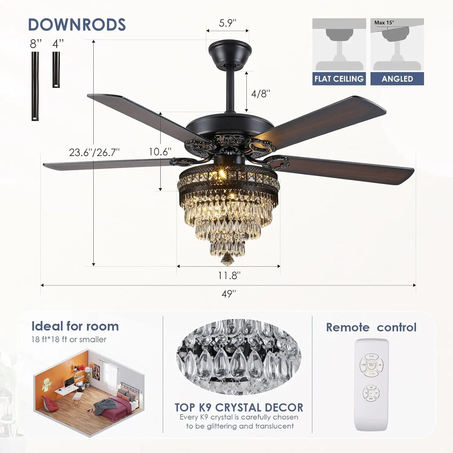 Crystal Ceiling Fandelier With Lights Remote Control Noiseless AC Motor