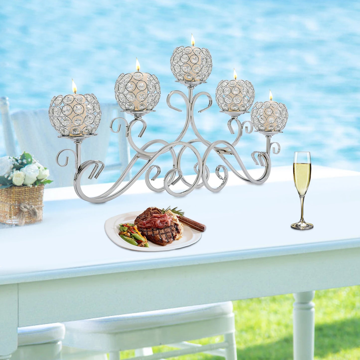 Candle 5-Arm Crystal Candle Holder Iron and K9 Crystal Stand