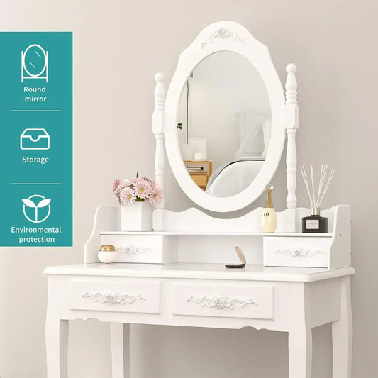 XMSJ Vanity Table Set With Oval Mirror And Stool Elite