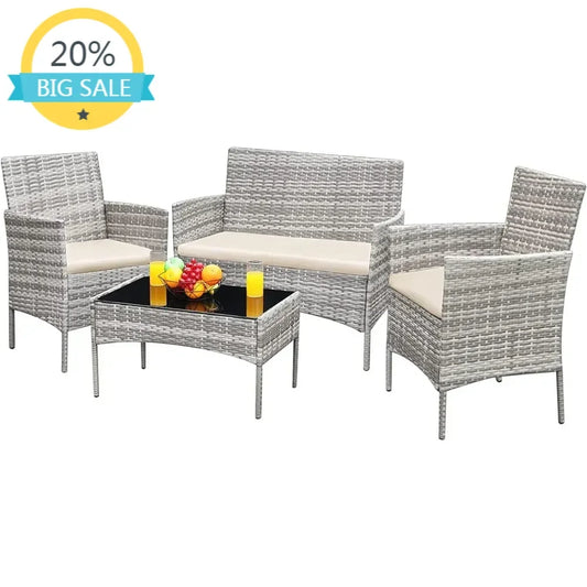 Outdoor Wicker Rattan 4-Piece Conversation Set For Patio