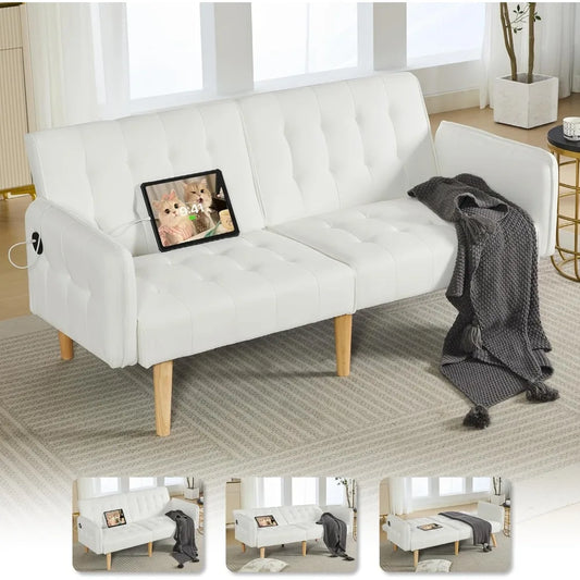 Ticify Modern Faux Leather Convertible USB Futon Sofa Bed