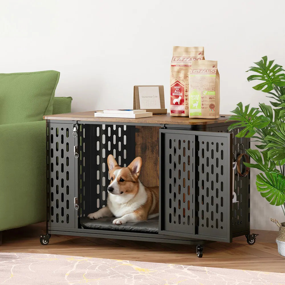 ONBRILL Wood Dog Kennel Cage With Cushion And Wheels
