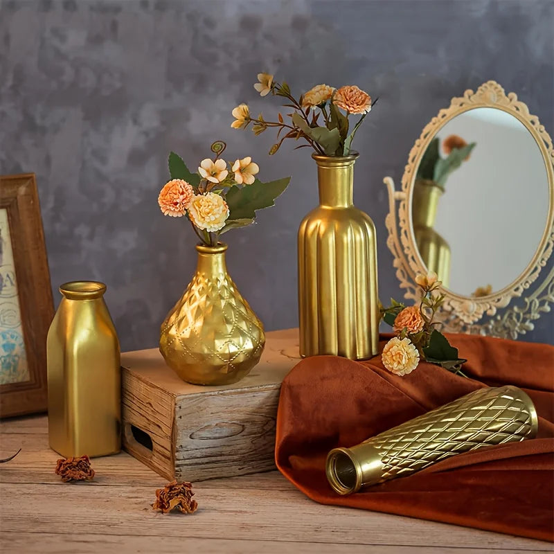 Cylindrical Gold Glass Vase With Gilded Finish For Home Decor