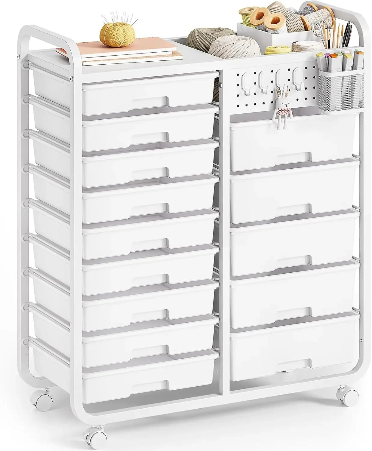 14 Drawer Rolling Cart With Tabletop And DIY Pegboard Office