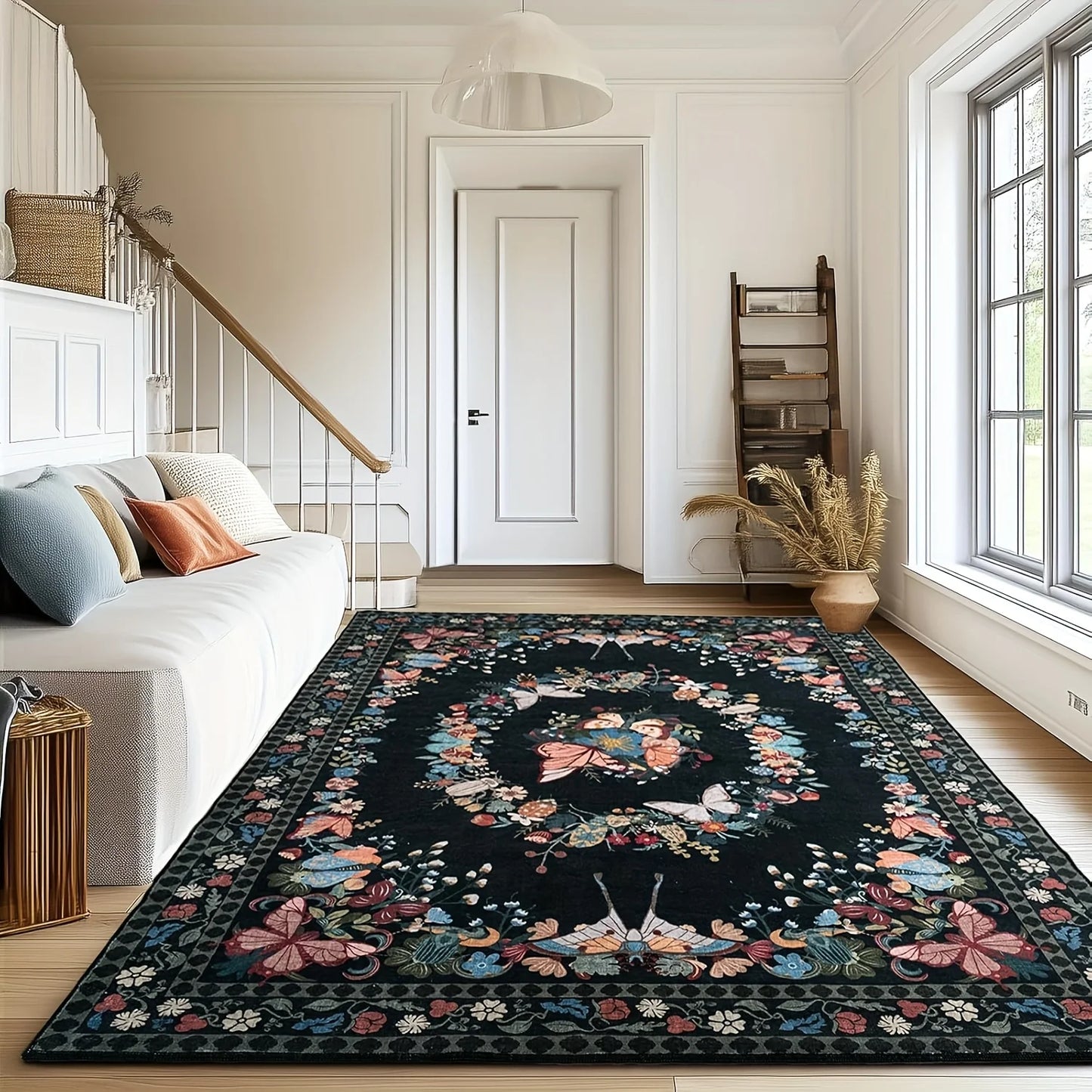 Gnizama Floral Butterfly Living Room Area Rug Washable Vintage Polyester Bedroom Rug