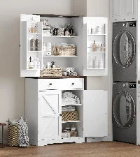 ONBRILL Pantry Cabinet With LED Light And Outlet Kitchen Storage
