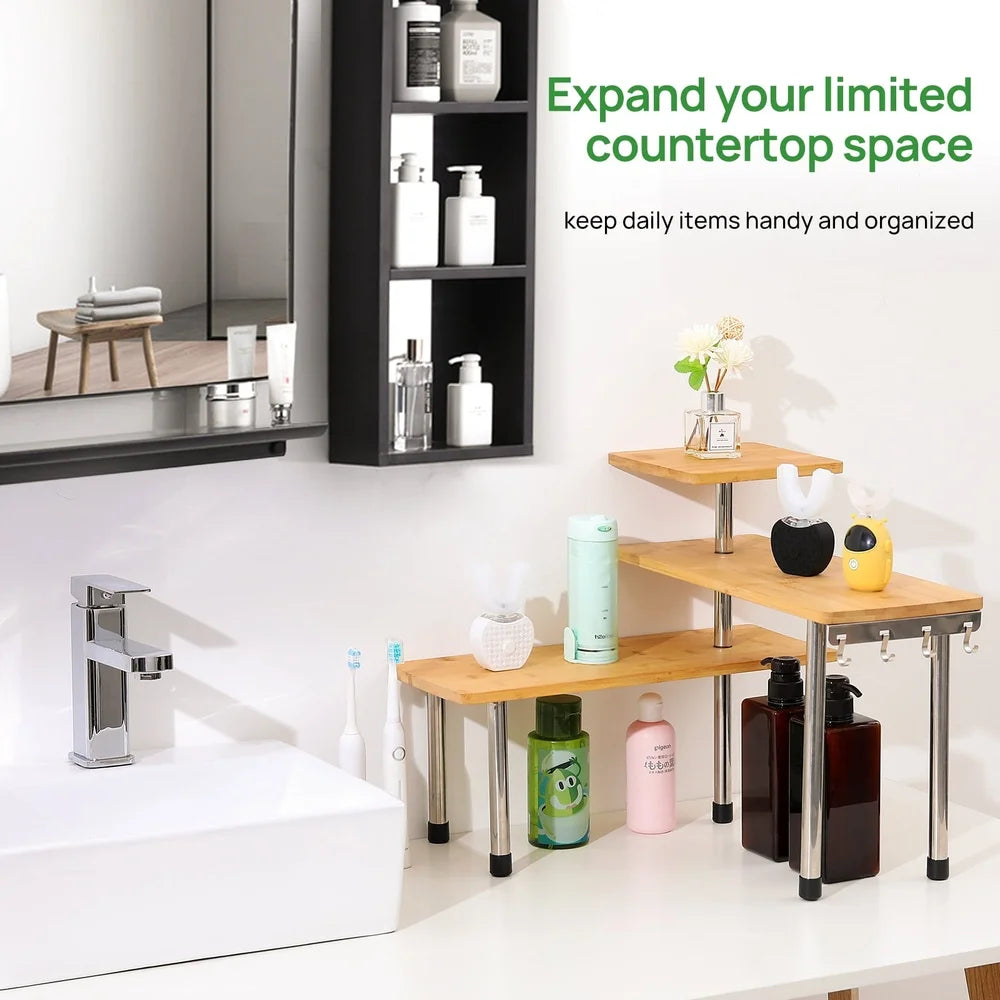 Bamboo Corner Shelf Organizer With Hooks Eco Friendly For Kitchen And Bathroom