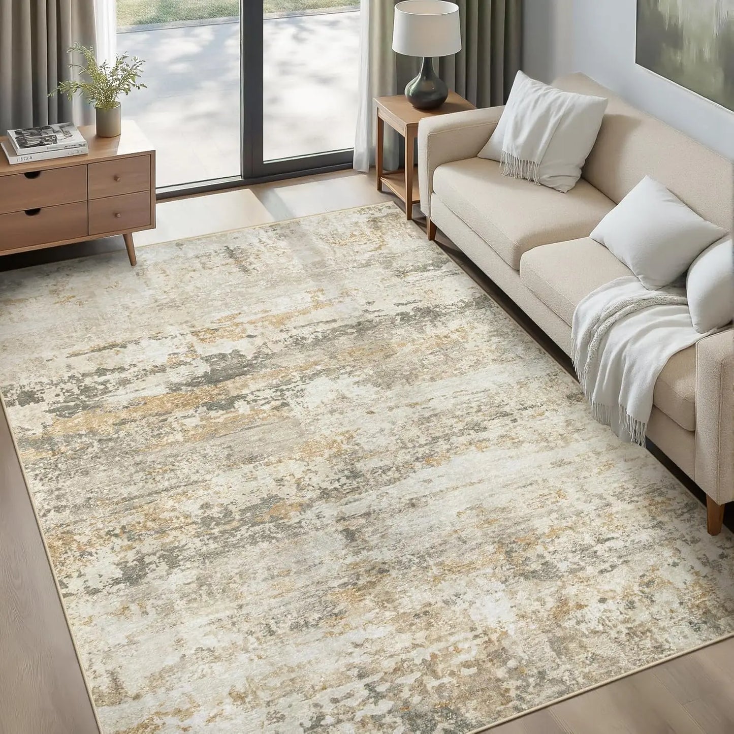 Color Modern Abstract Neutral Area Rug Soft Non-Slip Low-Pile