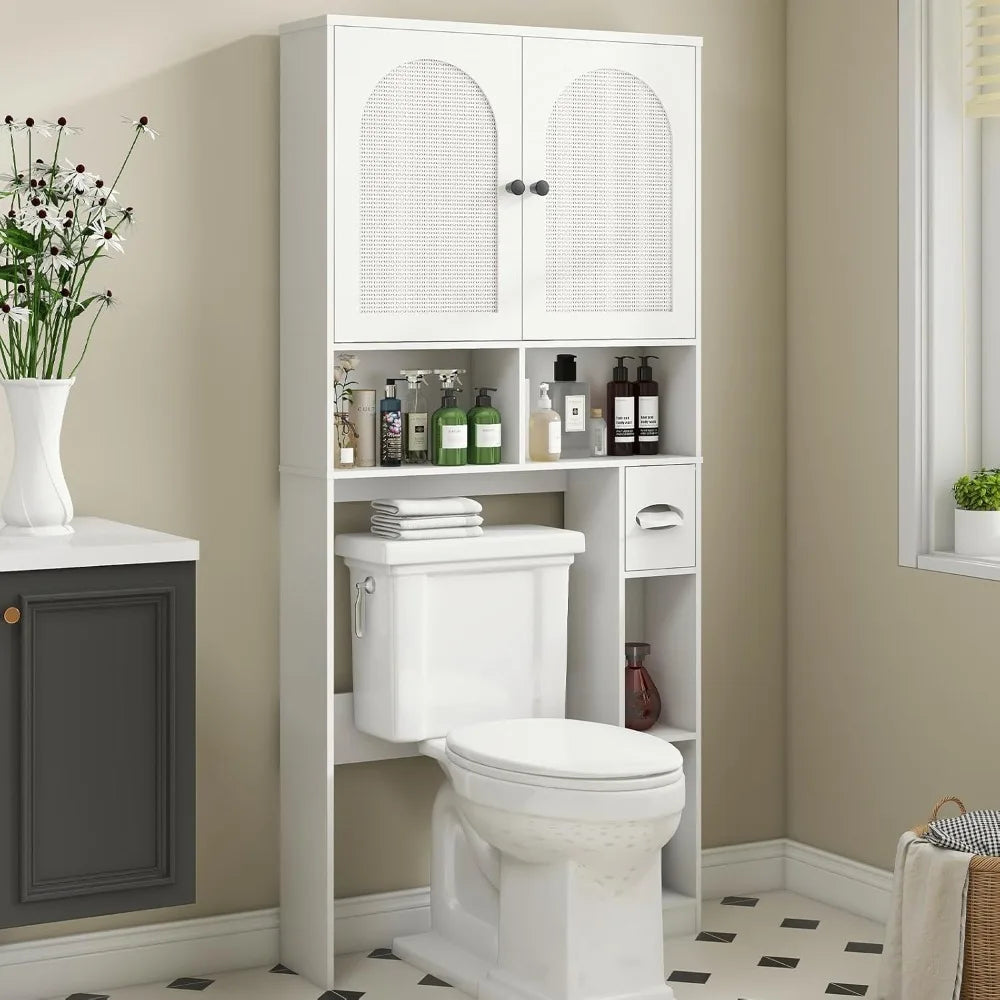MKDK Freestanding Rattan Toilet Storage Cabinet With Toilet Paper Holder