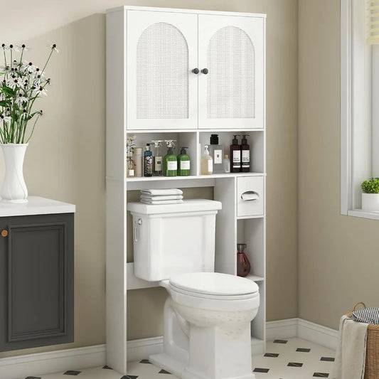 MKDK Freestanding Rattan Toilet Storage Cabinet With Toilet Paper Holder