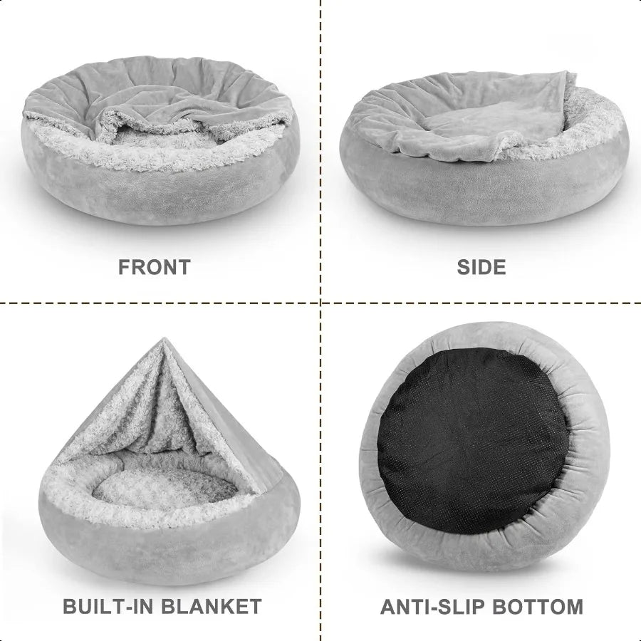 Small Dog Bed Hooded Donut Cave With Cozy Blanket Pets