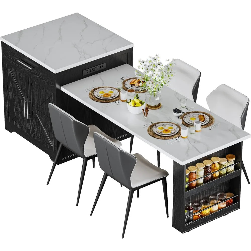 LZJV Farmhouse Rolling Kitchen Island With Extendable Table WineGlassHolder