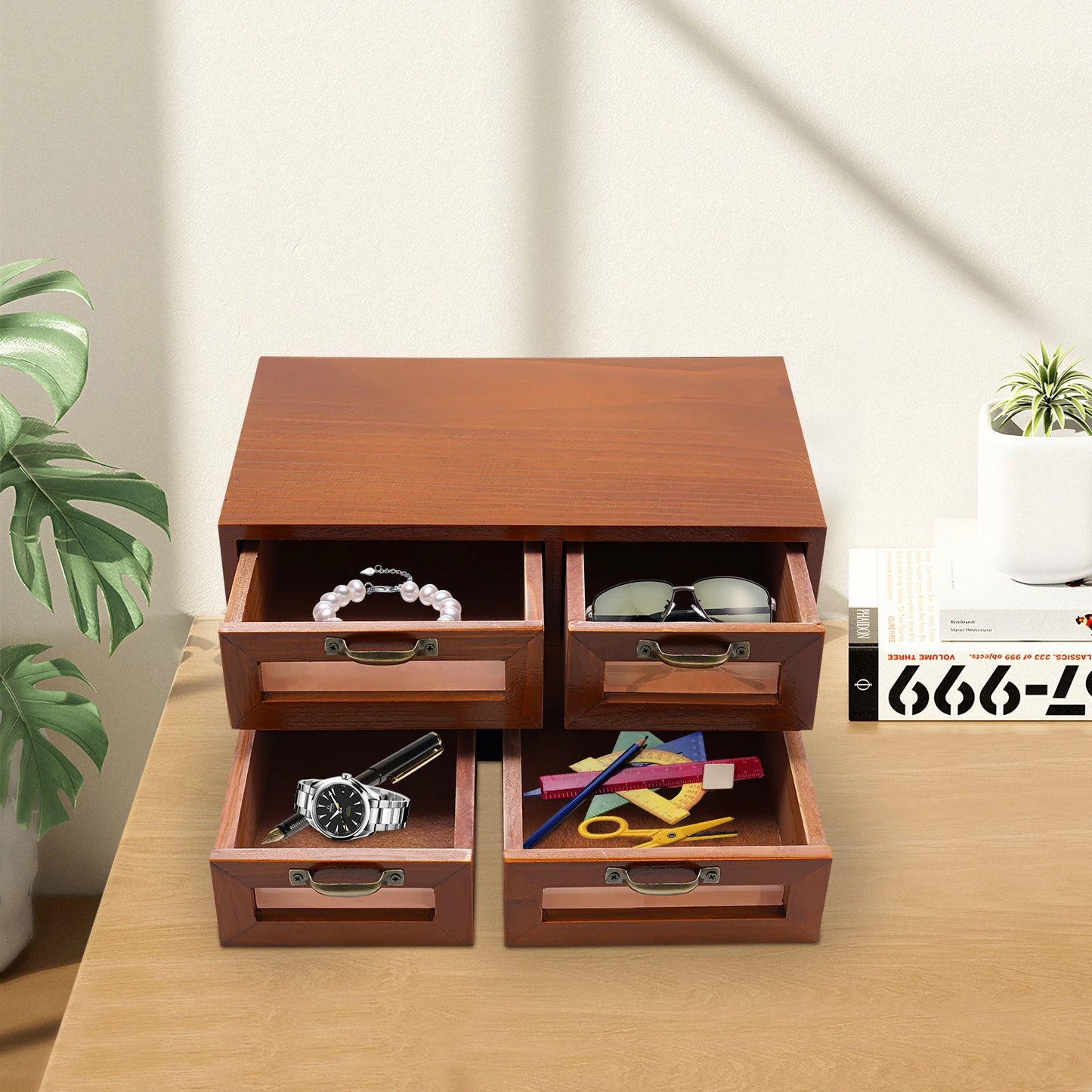 BymaocarCN 4 Drawer Retro Desktop Organizer Wood Storage Box