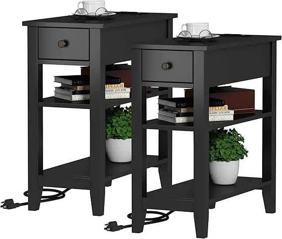 Narrow End Table Pair With USB Ports And Hidden Drawer