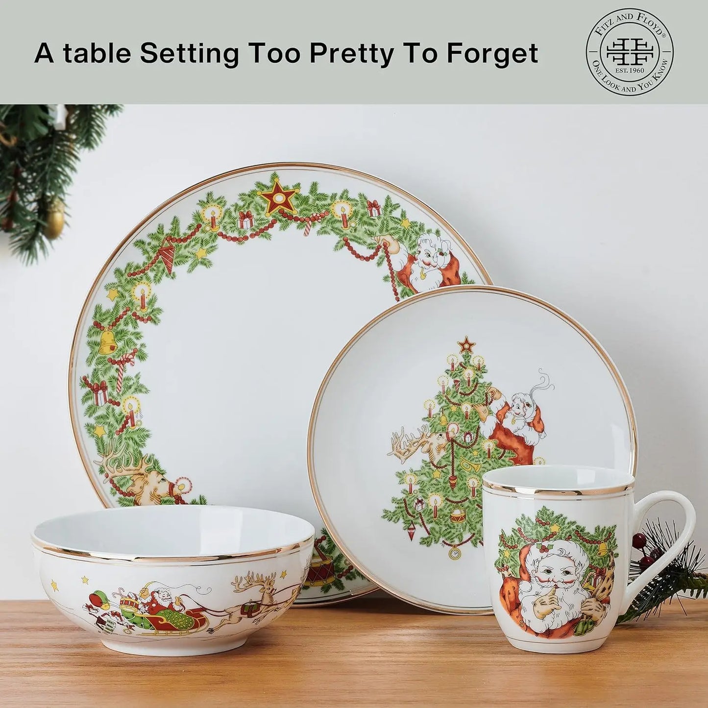 Nicholas Gold Banded Holiday Dinnerware Set Service For Four