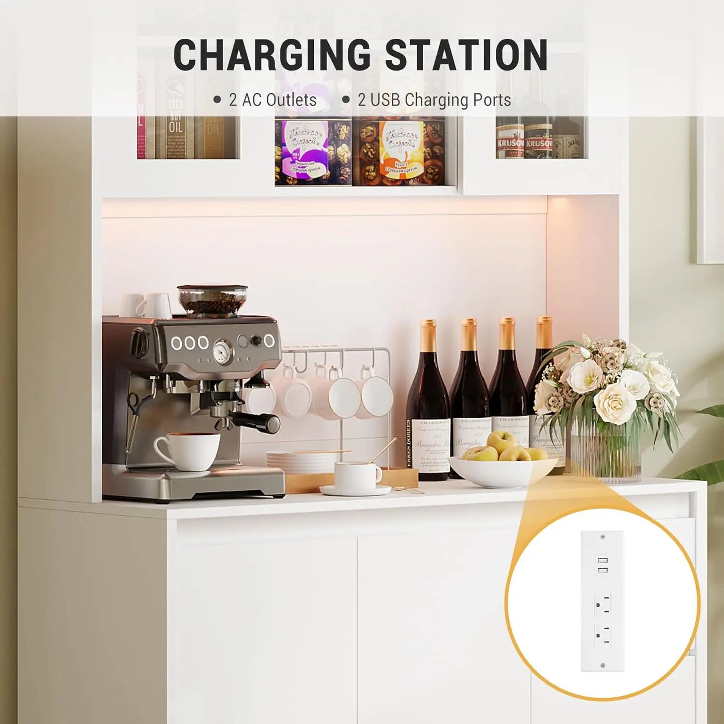 Studyset Kitchen Pantry Cabinet Microwave Stand With Led Lights And Outlets