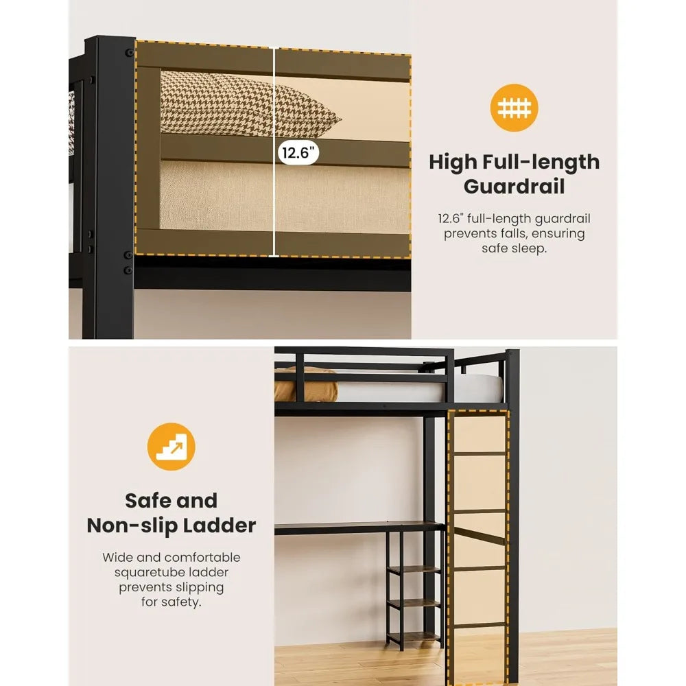 ZHUOTING Loft Bed With Desk And Open Shelves Heavy Duty Metal
