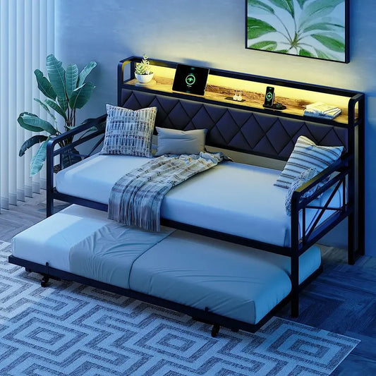 Twin Daybed With Popup Trundle And LED Charging Station Upholstered