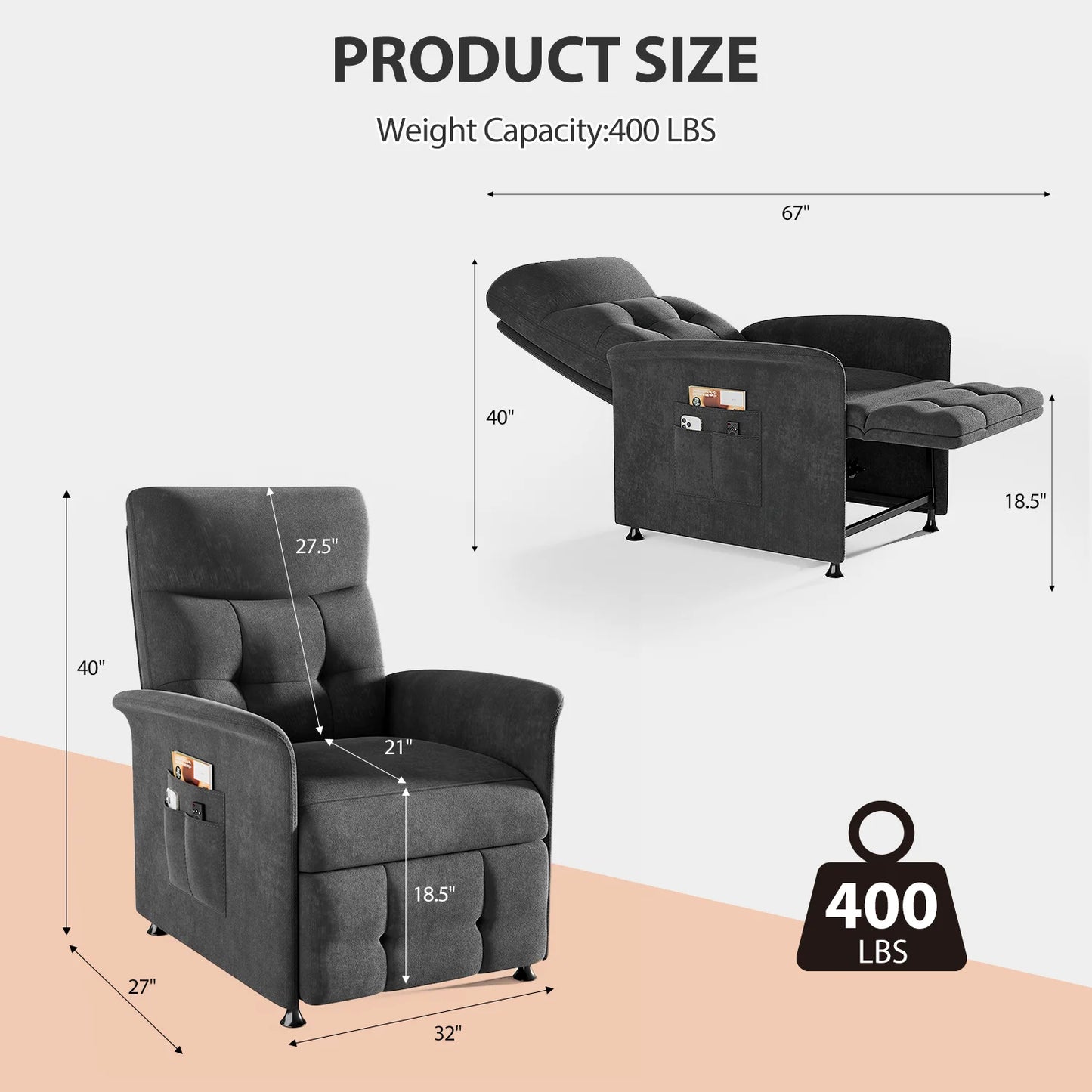 Power Recliner Chair Heated Massage Theater Seating Fabric