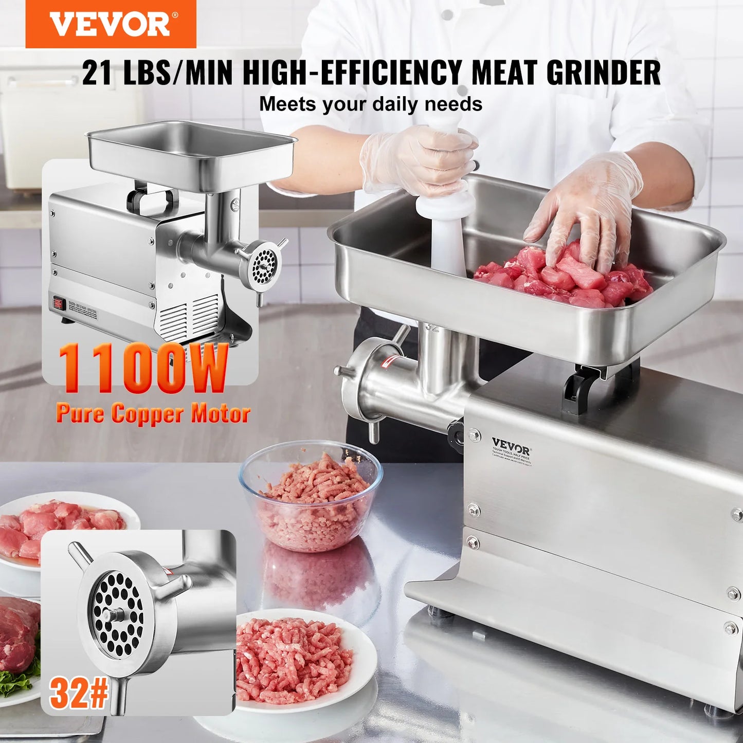 VEVOR Electric Meat Grinder 1000W Commercial Stainless Steel