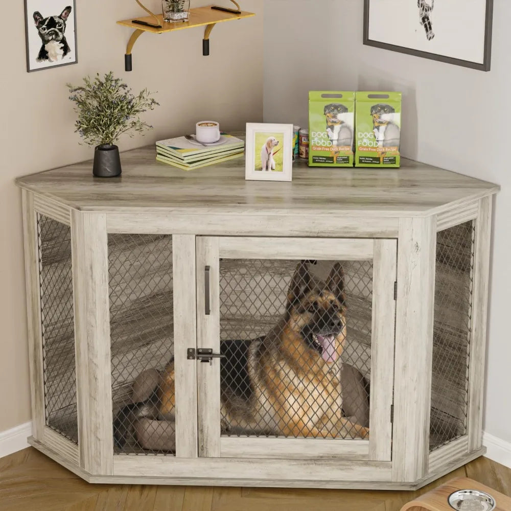 MKDK Wooden Corner Dog Crate Furniture With Mesh Kennel