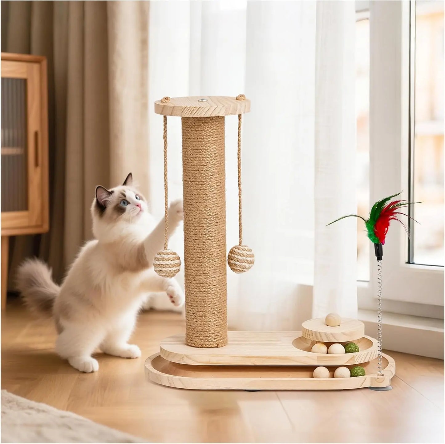 KYJGCN Sisal Cat Scratching Post Indoor 2-Tier Ball Track Toy