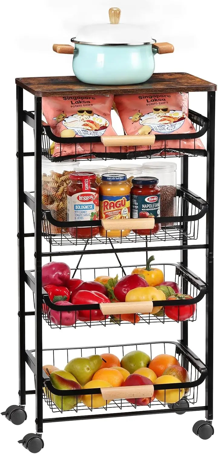 Five Tier Rolling Kitchen Cart With Wooden Top Storage