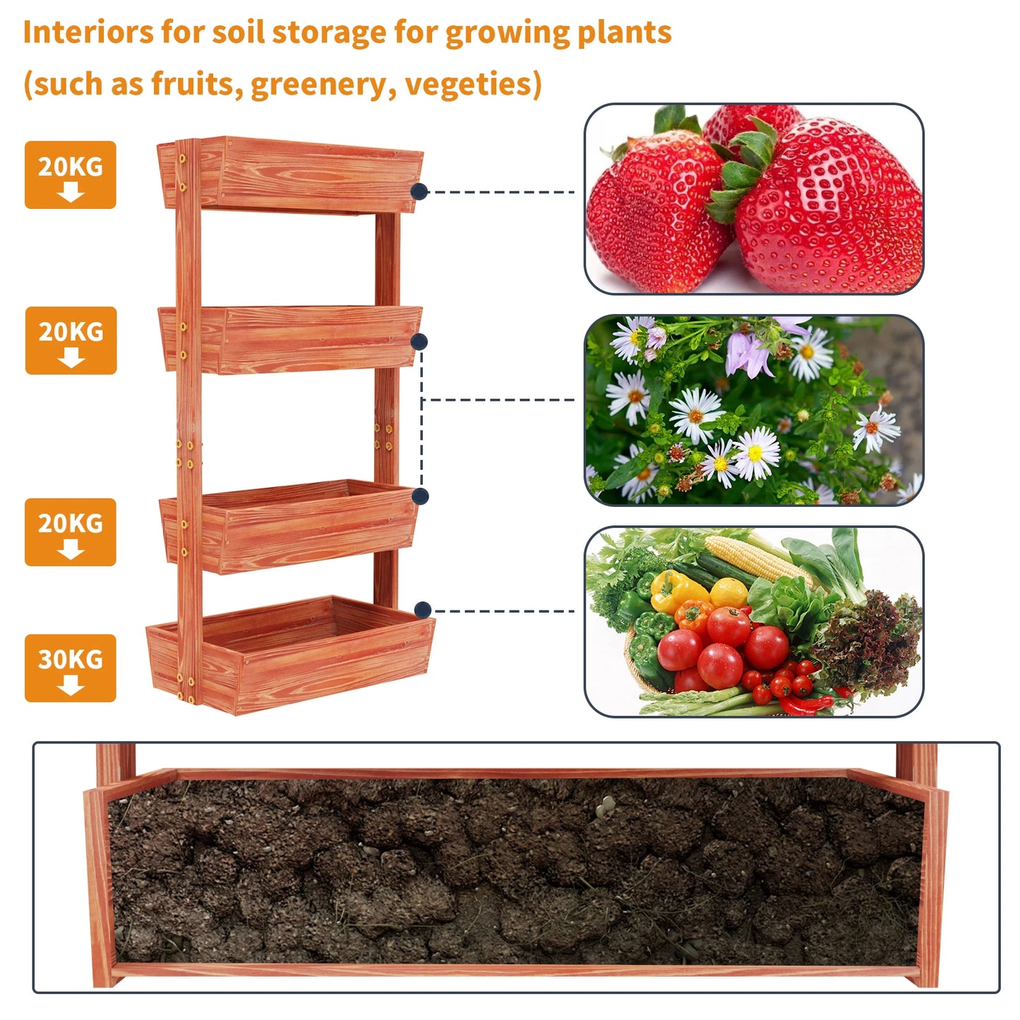 Wooden 4-Tier Raised Garden Bed Planter Rack With Adjustable Shelf