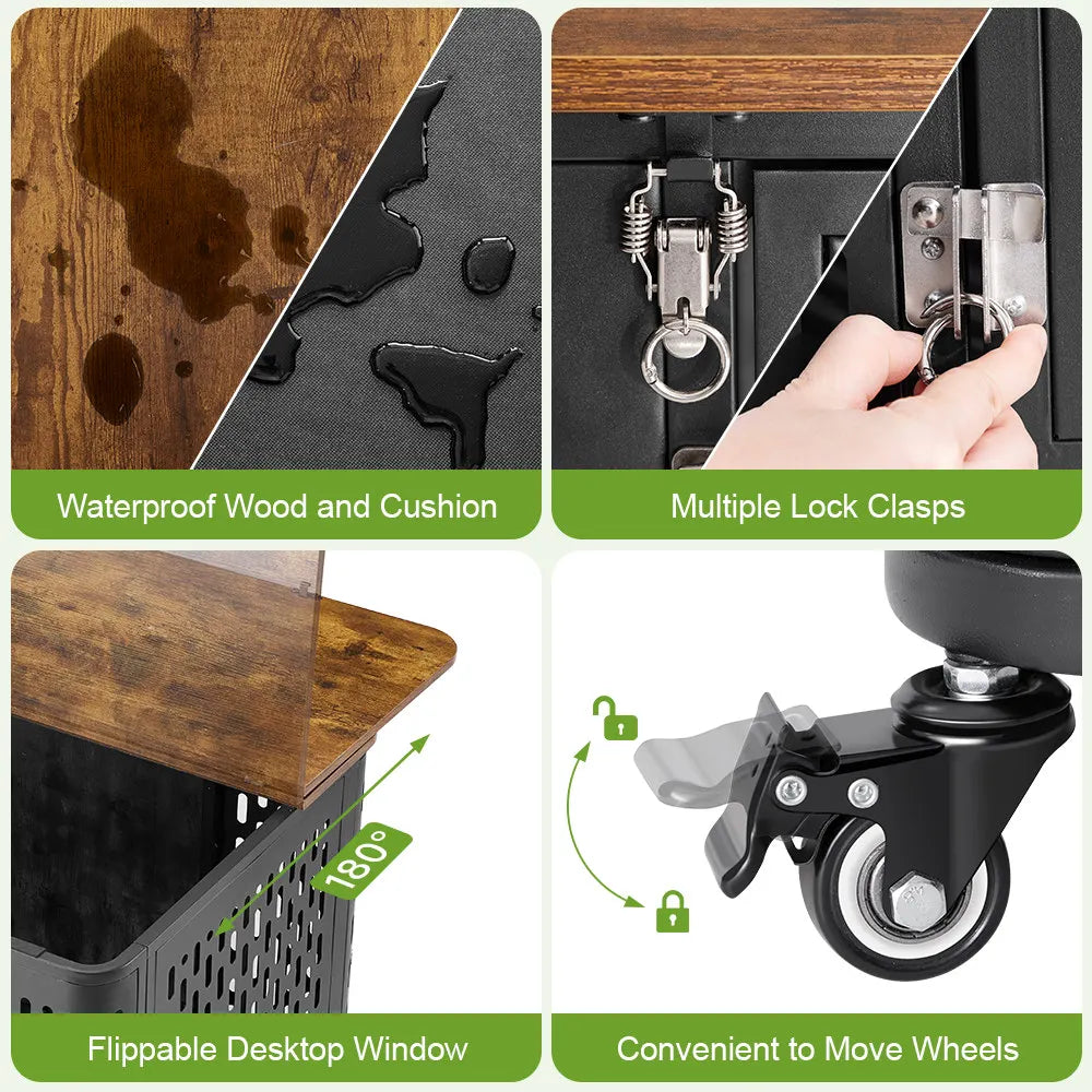 ONBRILL Wood Dog Kennel Cage With Cushion And Wheels