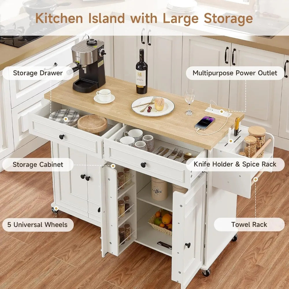 Mobile Kitchen Island Cart With Power Outlet Spice Rack Wheels