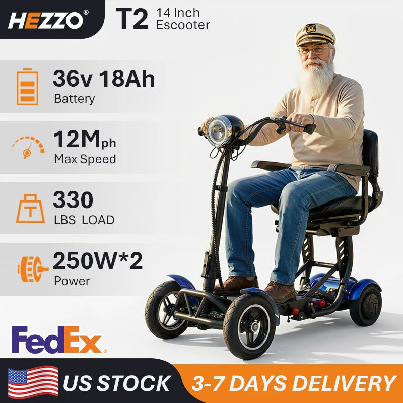 HEZZO T2 Foldable Four Wheel Mobility Scooter 36V Dual Motors 330LBS