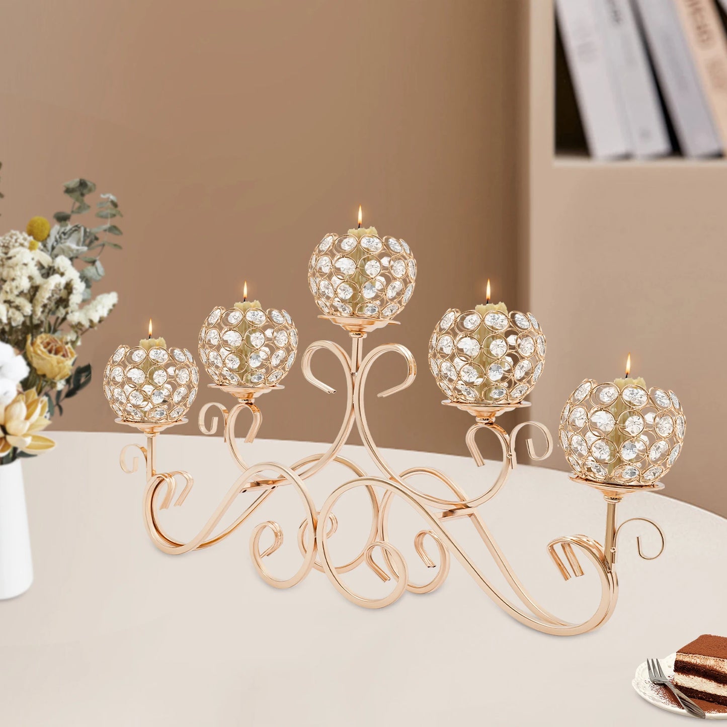 Candle 5-Arm Crystal Candle Holder Iron and K9 Crystal Stand