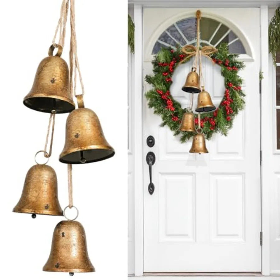Vintage Christmas Gold Cow Bells Set Of 4 Hanging Brass Bells With Jute Rope Decor