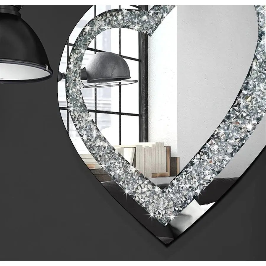 Crystal Crush Diamond Heart Shaped Silver Wall Mirror Frameless
