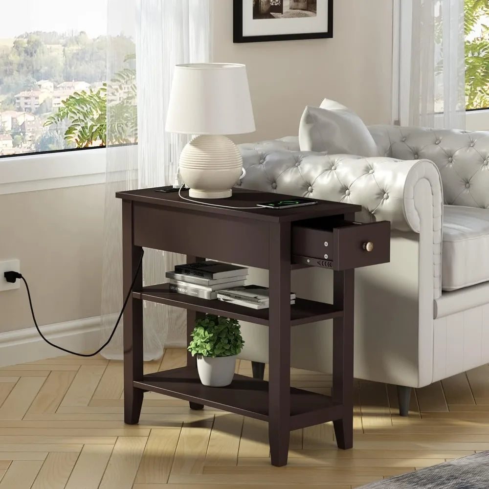 Narrow End Table Pair With USB Ports And Hidden Drawer