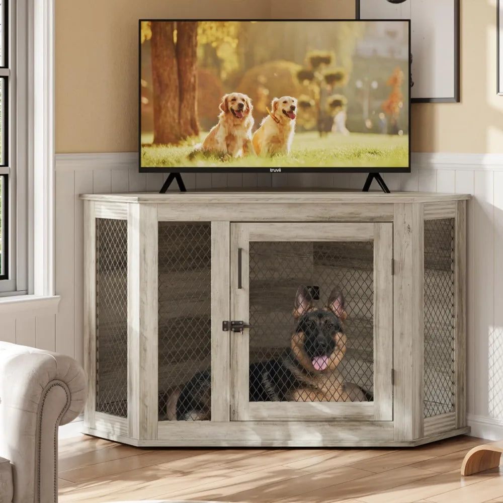 MKDK Wooden Corner Dog Crate Furniture With Mesh Kennel