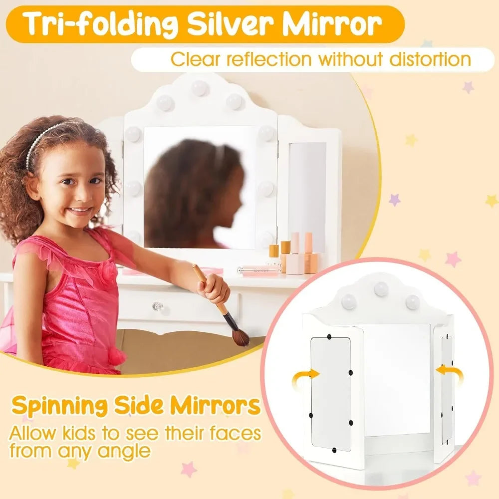 Guangbai Kids Vanity Set With Mirror And Lights Princess Desk