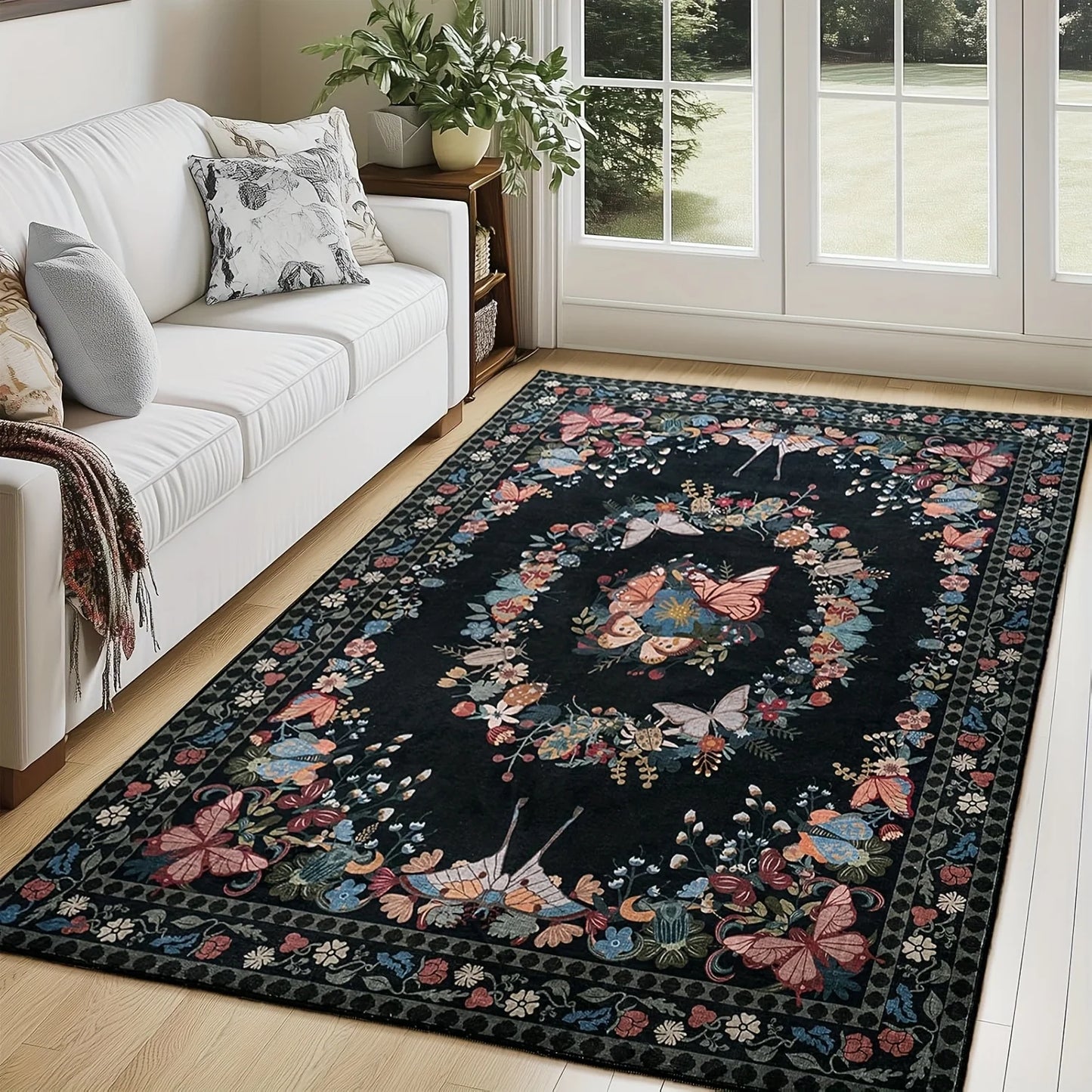 Gnizama Floral Butterfly Living Room Area Rug Washable Vintage Polyester Bedroom Rug