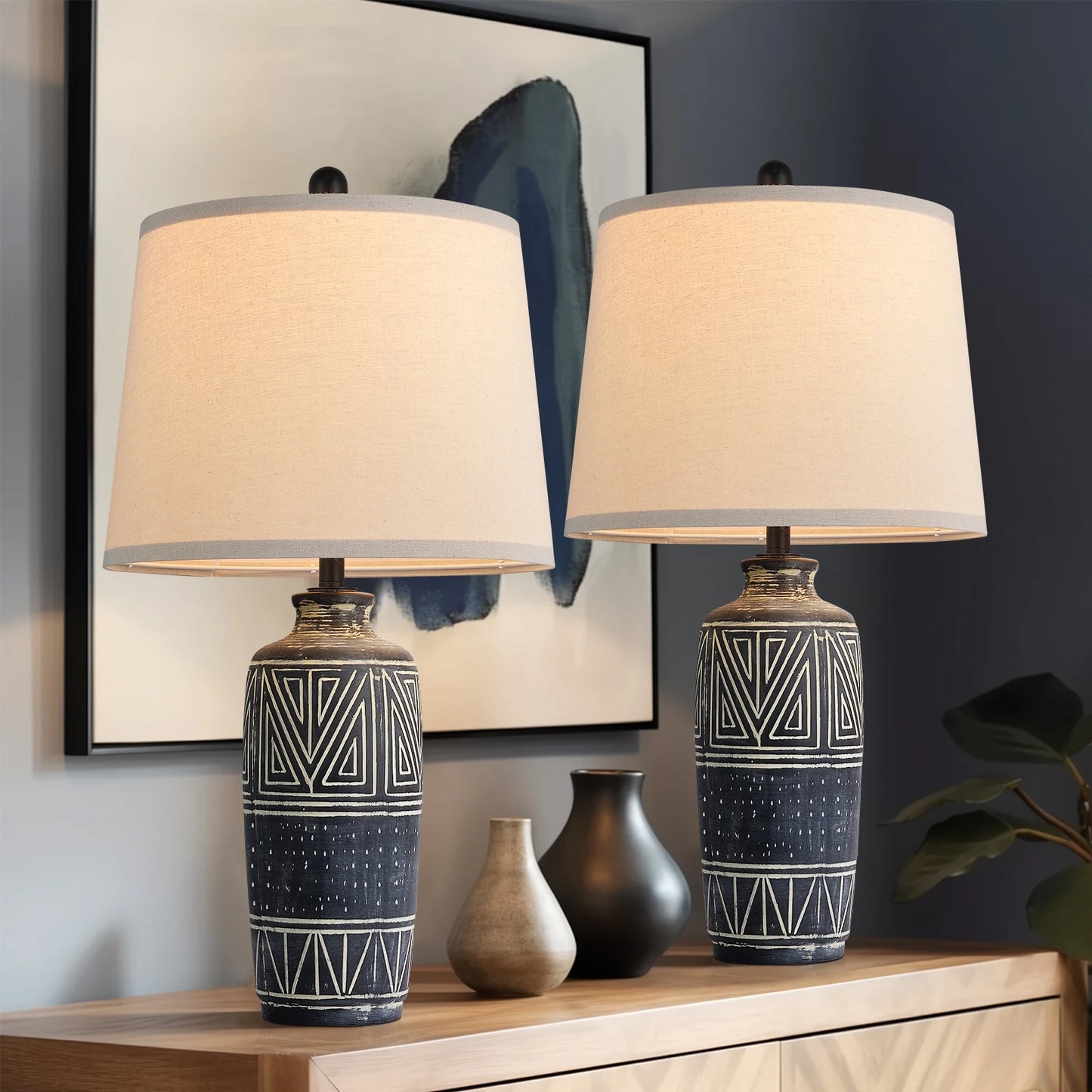 STANBOW 2 Pack Carved Geometric Ceramic Table Lamps Linen Shade