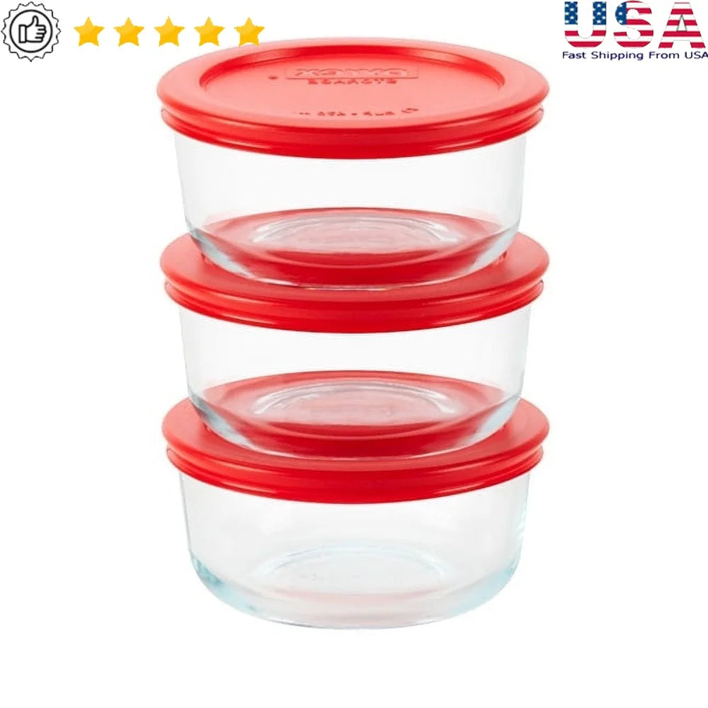 Set Of 3 Round Glass Food Storage Containers With Airtight Lids Heat Resistant