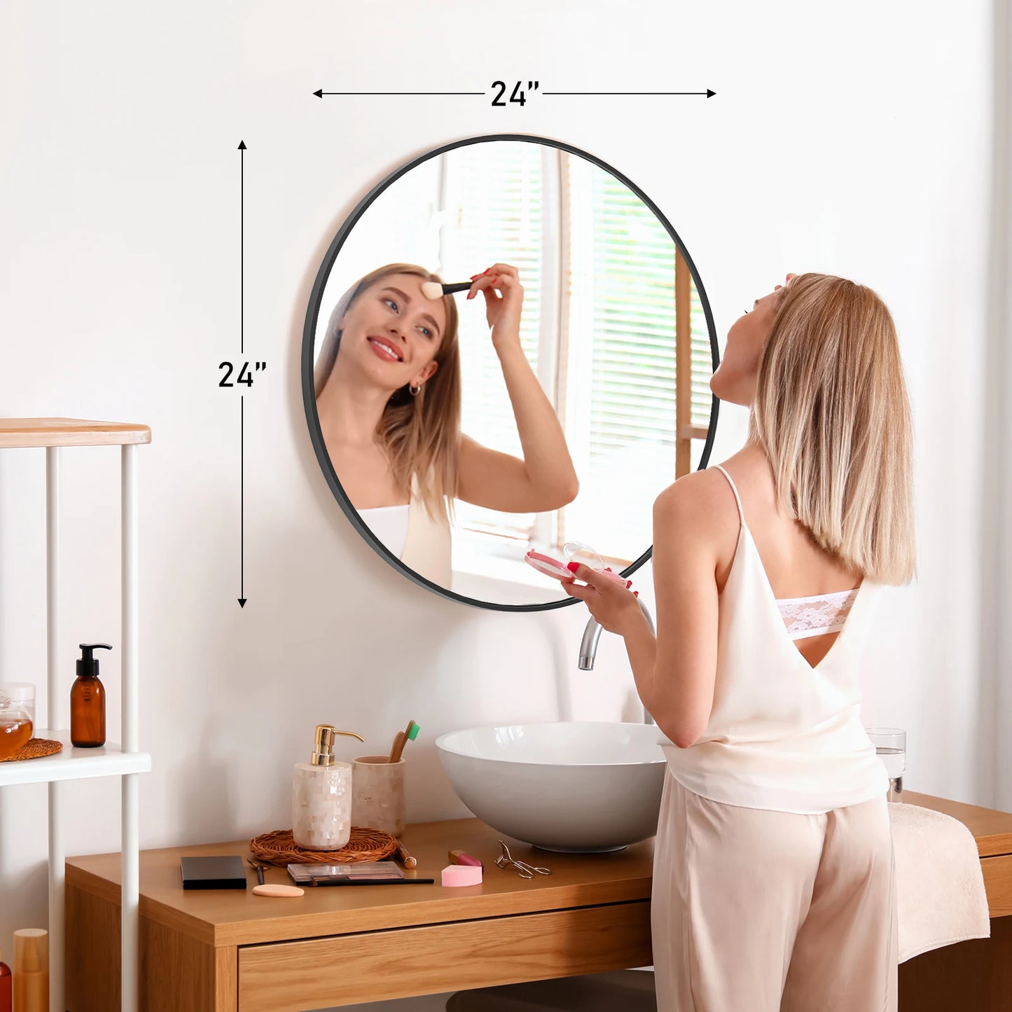 JHK Round Vanity Mirror With Matte Metal Frame For Wall