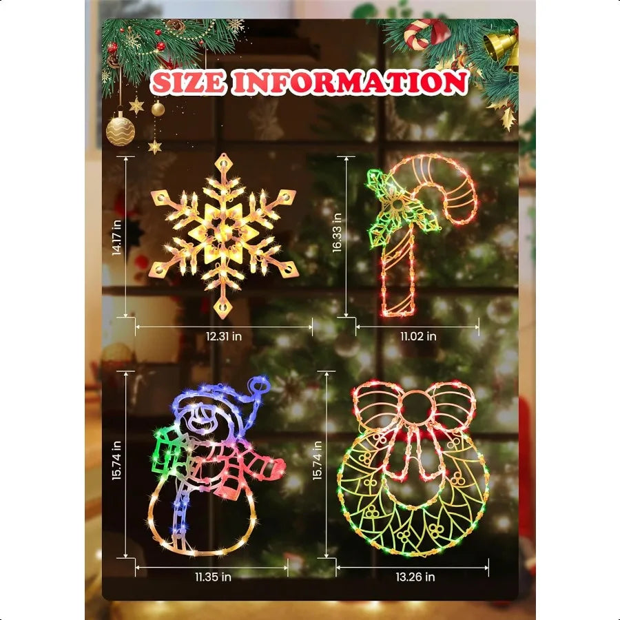 4 Pack Christmas Window Silhouette Lights Decorations Lighted Wreath Candy Cane Snowflakes Snow Man