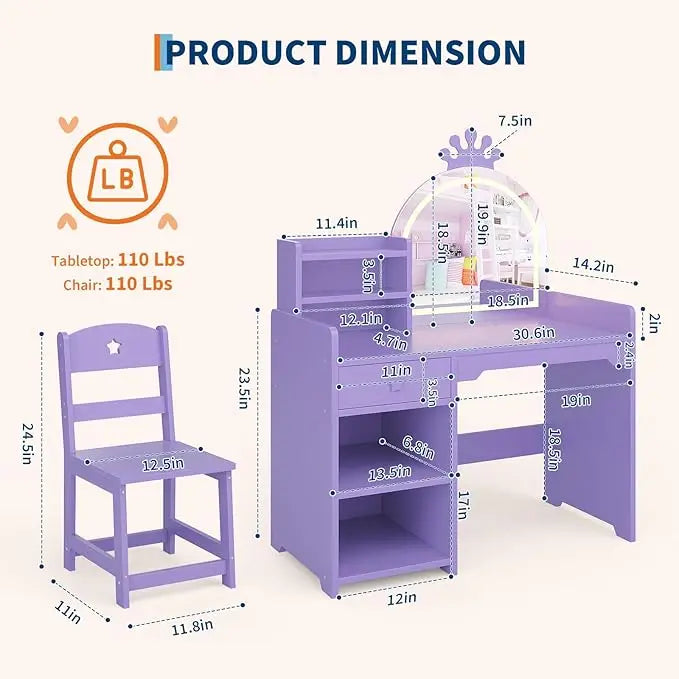 HiMISS Kids Vanity With Lights 2-In-1 Makeup Desk And Chair