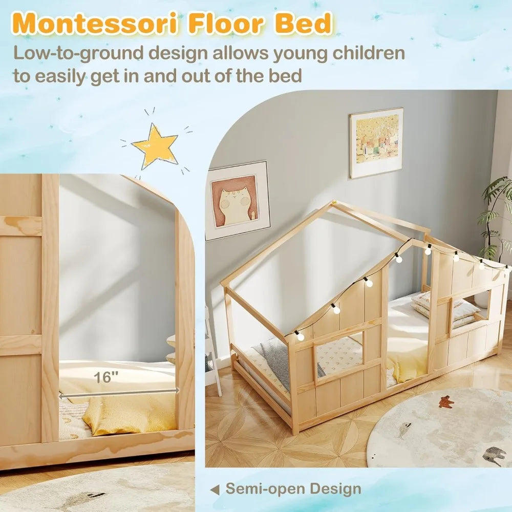 KOMFOTT Floor House Bed With LED Lights Montessori Wood Bed